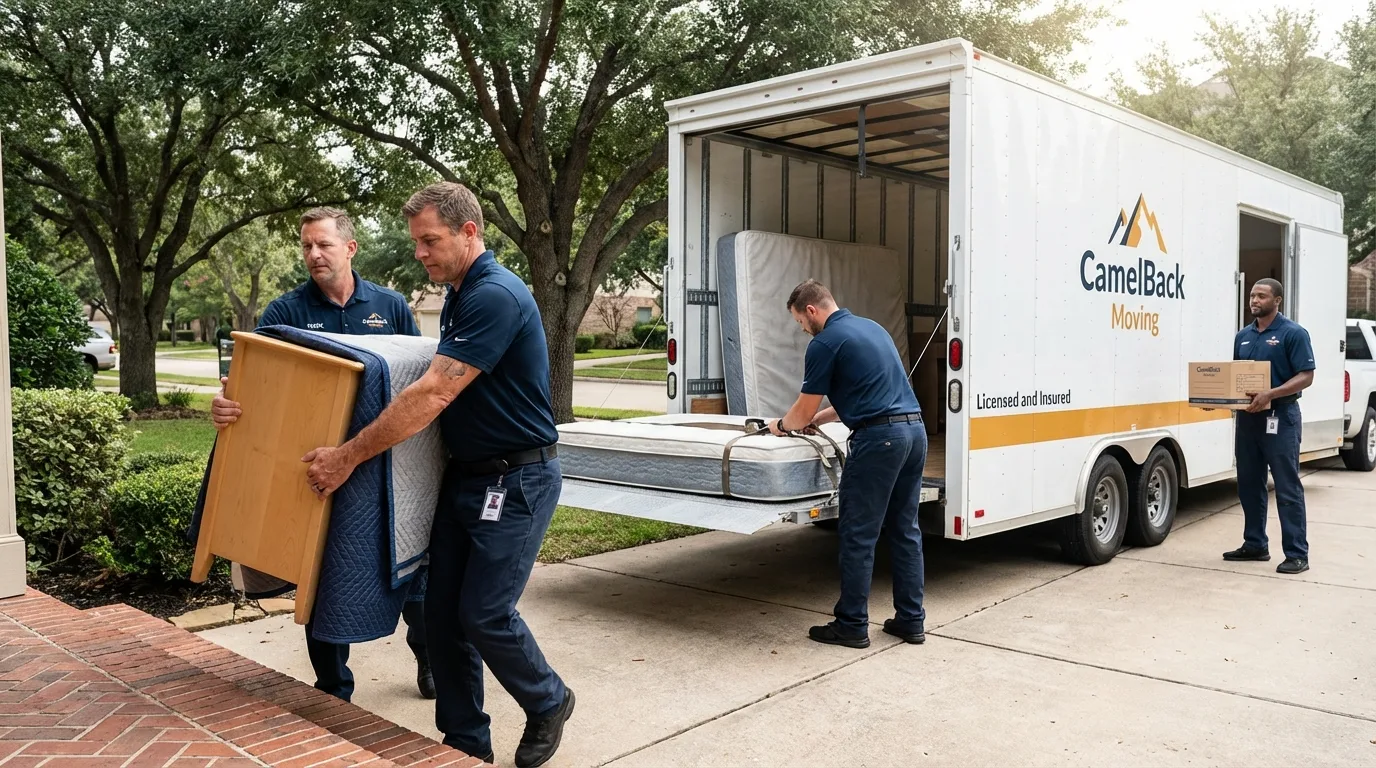 Crew loading residential truck for cross-state move from Belmond, IA