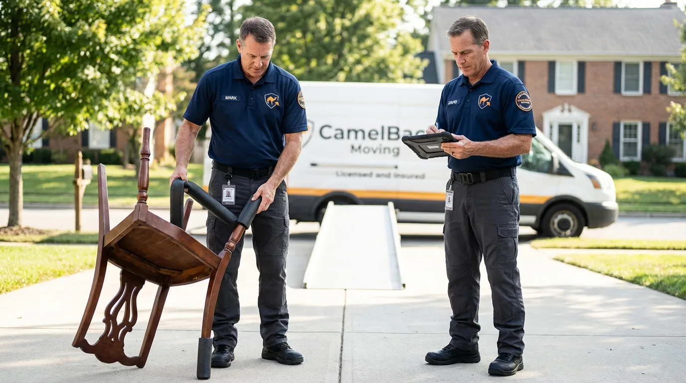 Movers inspecting furniture for damage prevention before loading in Belmond, IA